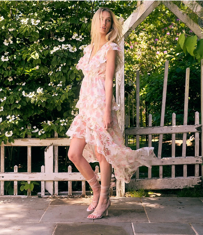 Layered With Love Isabella Burnout Floral Jacquard V-Neck Sleeveless Ruffle Hi-Low Hem A-Line Midi Dress