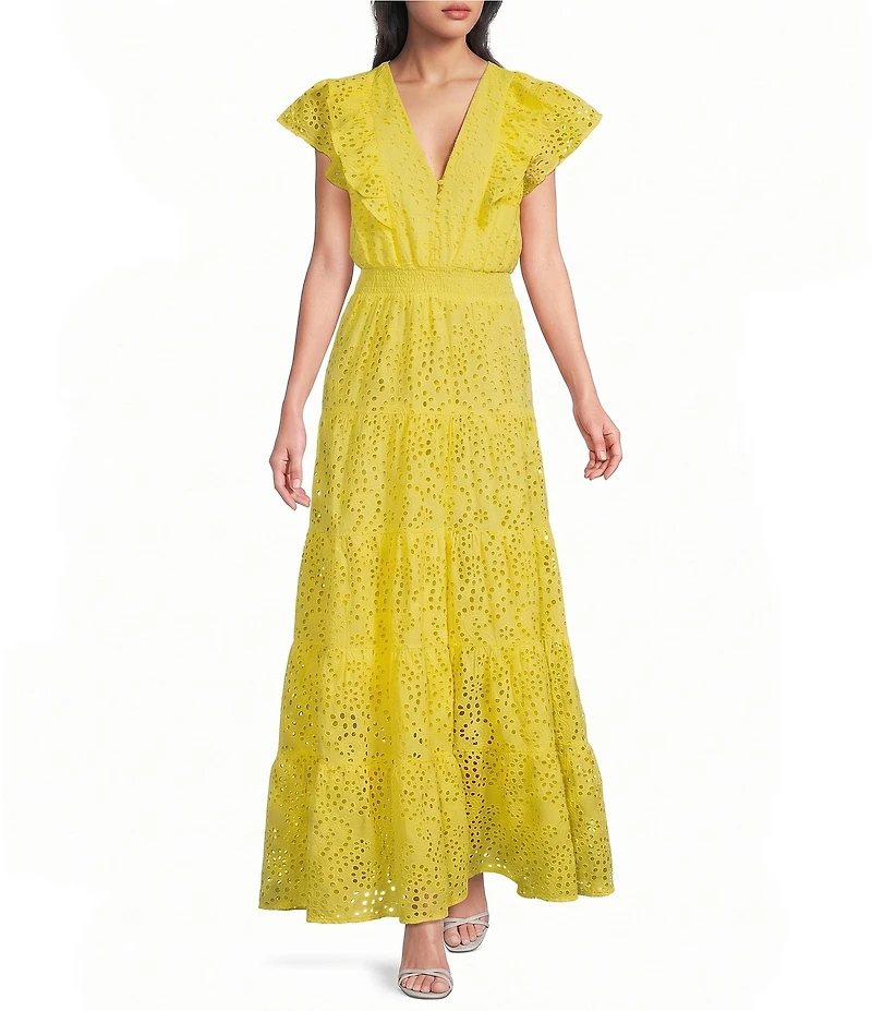 Layered With Love Jane Eyelet V-Neck Sleeveless Ruffle Midi Dress