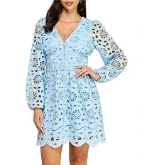 Layered With Love Kris Cotton Eyelet Knit V-Neck Long Sleeve Trim Detail Fit & Flare Dress
