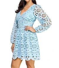 Layered With Love Kris Cotton Eyelet Knit V-Neck Long Sleeve Trim Detail Fit & Flare Dress