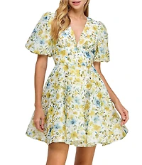 Layered With Love Lil Alona Jacquard Floral Print V Neck Short Sleeve A-Line Mini Dress