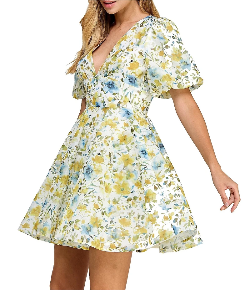 Layered With Love Lil Alona Jacquard Floral Print V Neck Short Sleeve A-Line Mini Dress