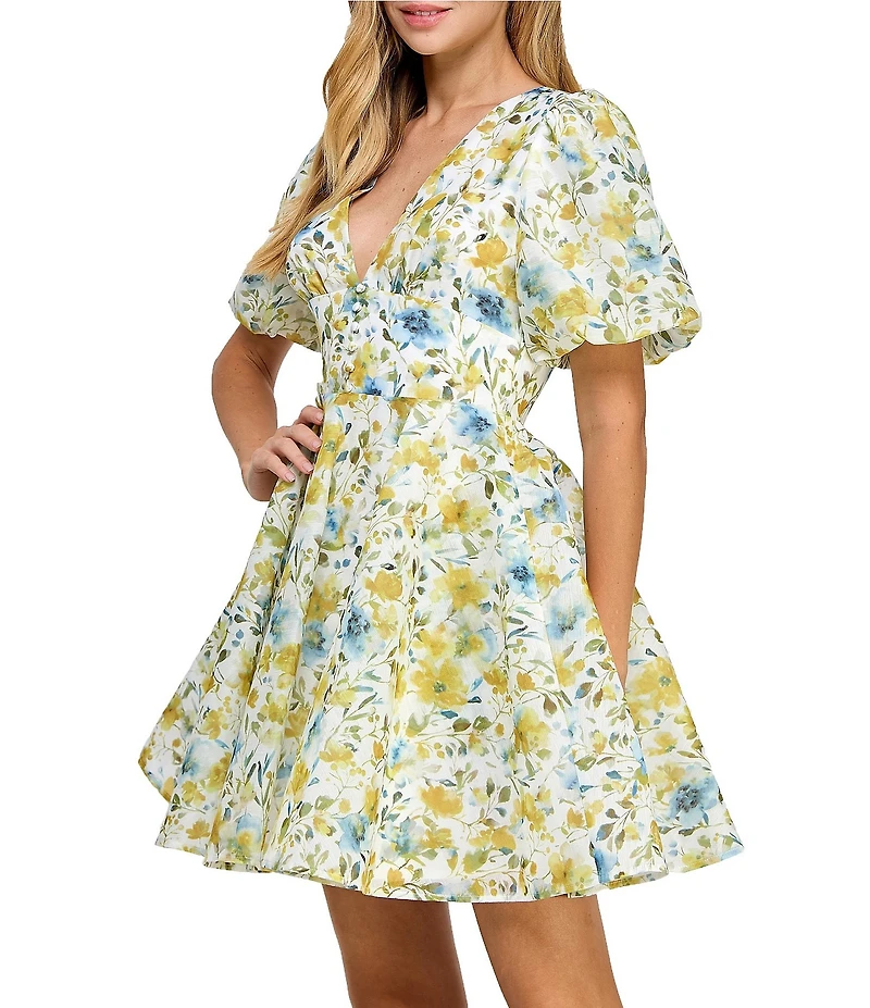 Layered With Love Lil Alona Jacquard Floral Print V Neck Short Sleeve A-Line Mini Dress