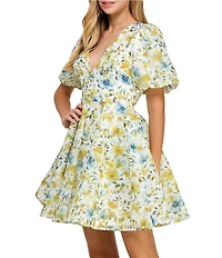 Layered With Love Lil Alona Jacquard Floral Print V Neck Short Sleeve A-Line Mini Dress