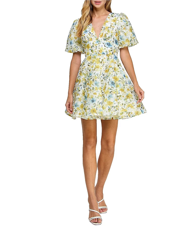 Layered With Love Lil Alona Jacquard Floral Print V Neck Short Sleeve A-Line Mini Dress