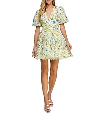 Layered With Love Lil Alona Jacquard Floral Print V Neck Short Sleeve A-Line Mini Dress