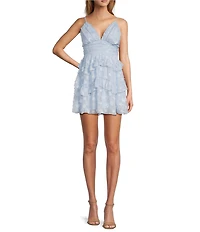 Layered With Love Lil Kat Jacquard Print V-Neck Sleeveless Ruffle A-Line Mini Babydoll Dress