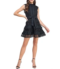 Layered With Love Lil Lindsey Lace Voile Mock Neck Sleeveless Belted Button Front Fit & Flare Mini Dress