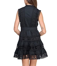 Layered With Love Lil Lindsey Lace Voile Mock Neck Sleeveless Belted Button Front Fit & Flare Mini Dress