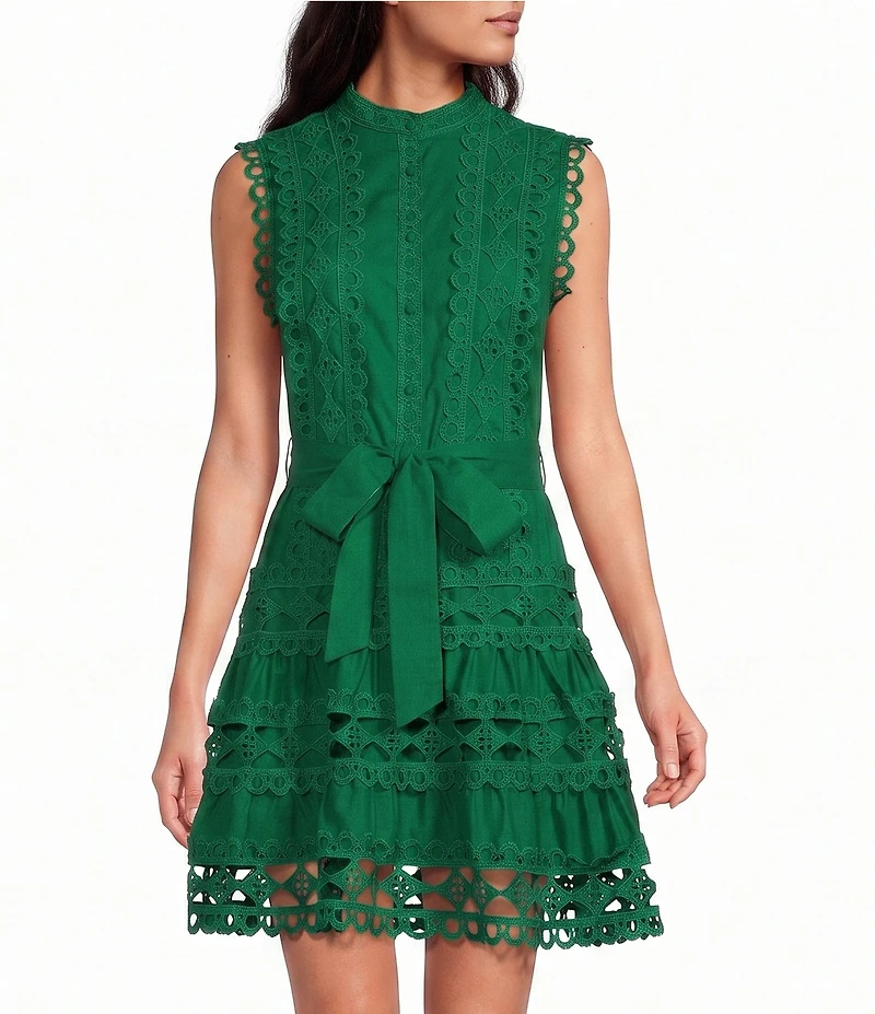 Layered With Love Lil Lindsey Lace Voile Mock Neck Sleeveless Belted Button Front Fit & Flare Mini Dress