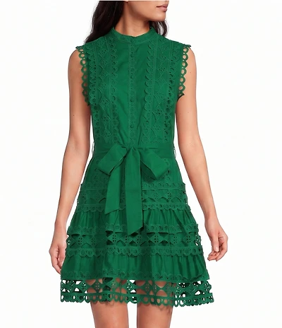 Layered With Love Lil Lindsey Lace Voile Mock Neck Sleeveless Belted Button Front Fit & Flare Mini Dress