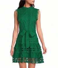 Layered With Love Lil Lindsey Lace Voile Mock Neck Sleeveless Belted Button Front Fit & Flare Mini Dress