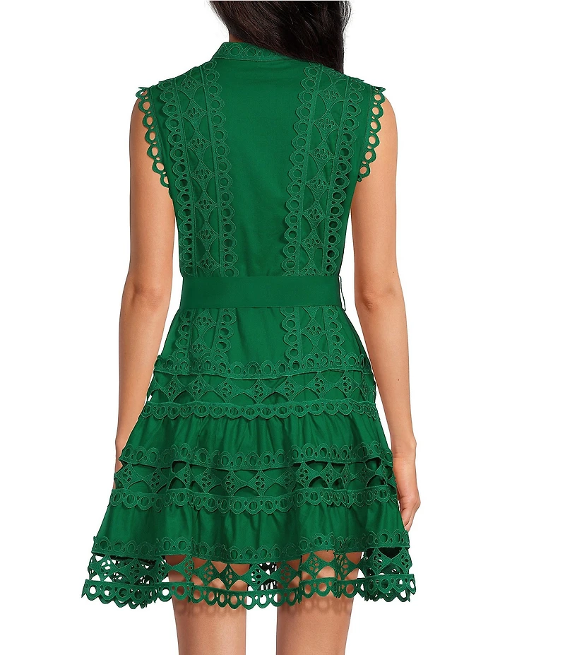 Layered With Love Lil Lindsey Lace Voile Mock Neck Sleeveless Belted Button Front Fit & Flare Mini Dress