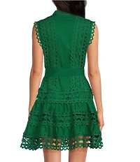 Layered With Love Lil Lindsey Lace Voile Mock Neck Sleeveless Belted Button Front Fit & Flare Mini Dress