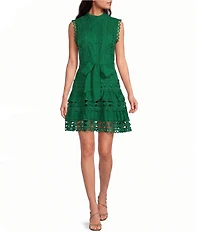 Layered With Love Lil Lindsey Lace Voile Mock Neck Sleeveless Belted Button Front Fit & Flare Mini Dress