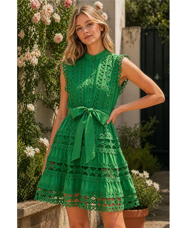 Layered With Love Lil Lindsey Lace Voile Mock Neck Sleeveless Belted Button Front Fit & Flare Mini Dress