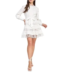 Layered With Love Linda Viole Crew Neck Long Sleeve Crochet Trim Self Tie Sash Mini Dress