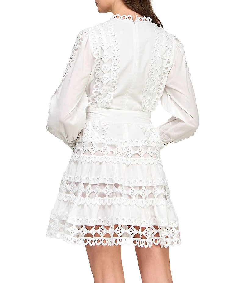 Layered With Love Linda Viole Crew Neck Long Sleeve Crochet Trim Self Tie Sash Mini Dress