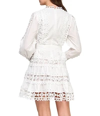 Layered With Love Linda Viole Crew Neck Long Sleeve Crochet Trim Self Tie Sash Mini Dress