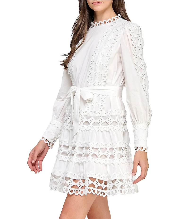 Layered With Love Linda Viole Crew Neck Long Sleeve Crochet Trim Self Tie Sash Mini Dress