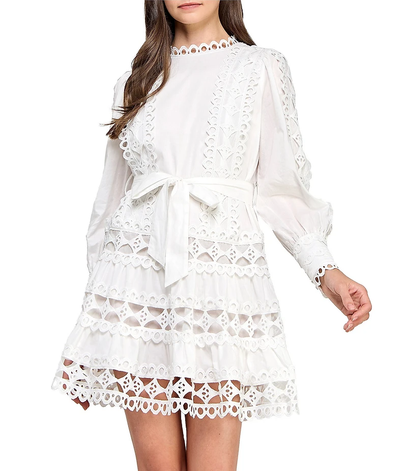 Layered With Love Linda Viole Crew Neck Long Sleeve Crochet Trim Self Tie Sash Mini Dress