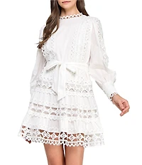 Layered With Love Linda Viole Crew Neck Long Sleeve Crochet Trim Self Tie Sash Mini Dress