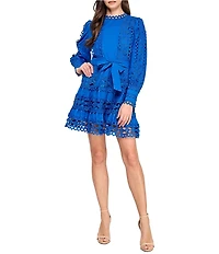 Layered With Love Linda Viole Crew Neck Long Sleeve Crochet Trim Self Tie Sash Mini Dress