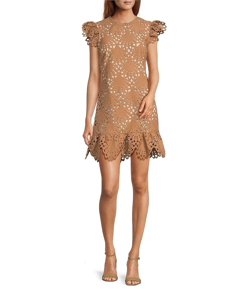 Layered With Love Lizzie Lace Mock Neck Short Flutter Sleeve Ruffle Mini Shift Dress