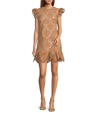 Layered With Love Lizzie Lace Mock Neck Short Flutter Sleeve Ruffle Mini Shift Dress