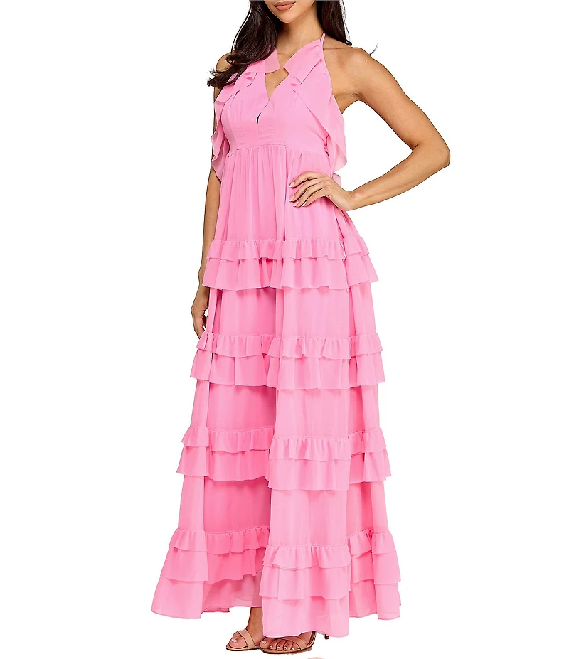 Layered With Love Olivia Chiffon V Neck Sleeveless Ruffle Gown