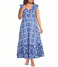 Layered With Love Plus Size Alessandra Tile Printed Ruffle Maxi Dress
