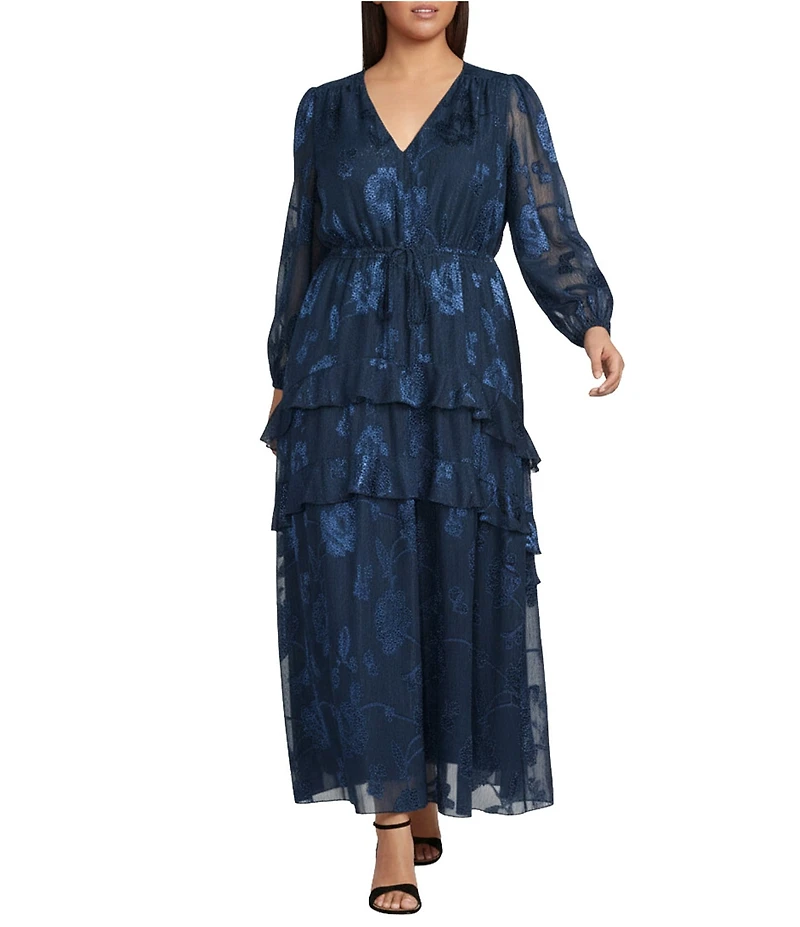 Layered With Love Plus Size Alice Jacquard Chiffon Long Sleeve V-Neck Ruffle Tiered A-Line Maxi Dress
