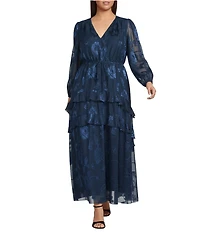 Layered With Love Plus Size Alice Jacquard Chiffon Long Sleeve V-Neck Ruffle Tiered A-Line Maxi Dress