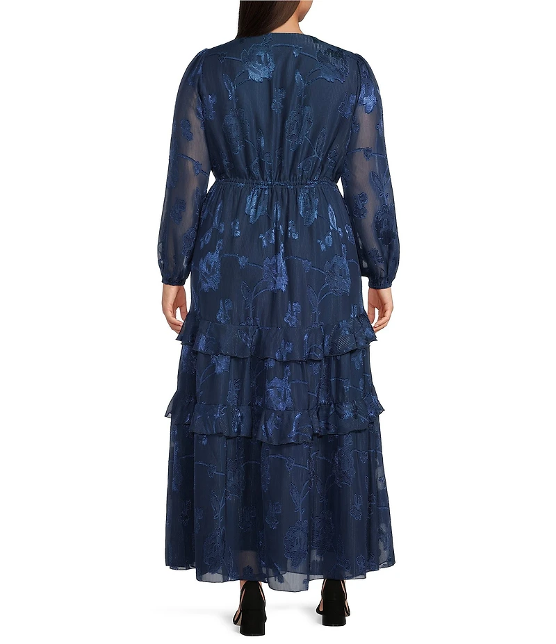 Layered With Love Plus Size Alice Jacquard Chiffon Long Sleeve V-Neck Ruffle Tiered A-Line Maxi Dress