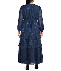 Layered With Love Plus Size Alice Jacquard Chiffon Long Sleeve V-Neck Ruffle Tiered A-Line Maxi Dress