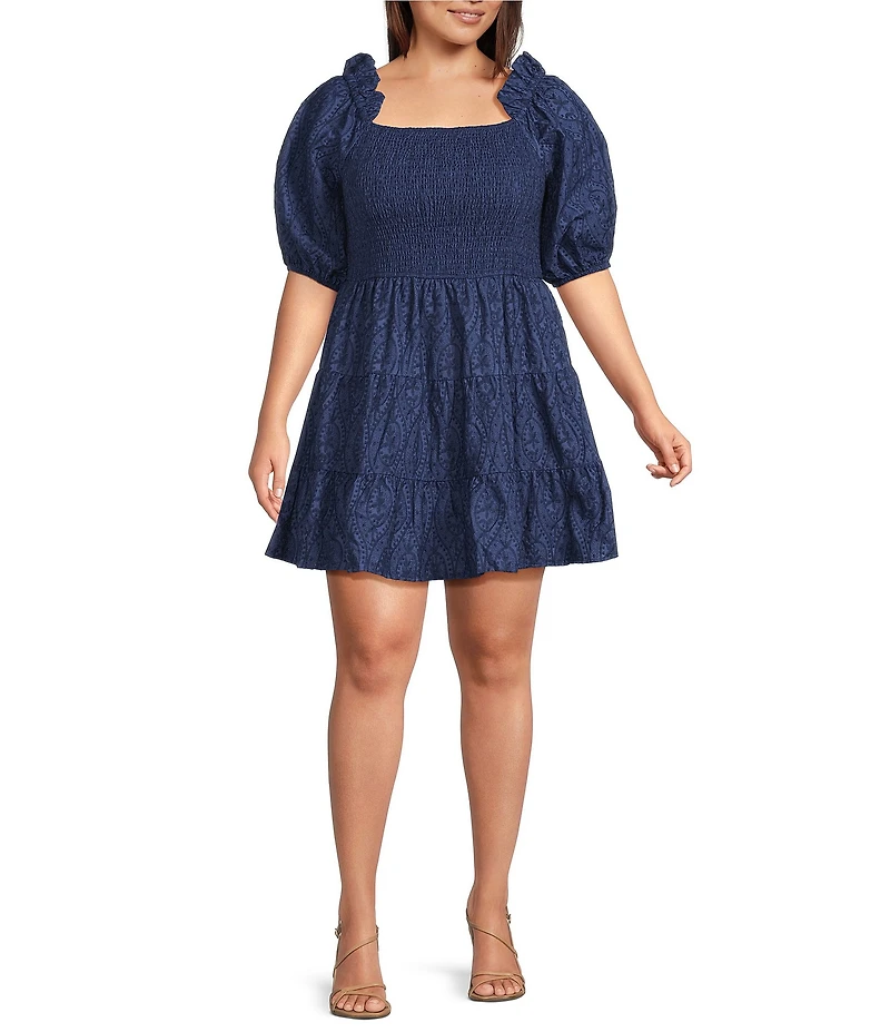 Layered With Love Plus Size Beau Embroidered Jacquard Square Neck Short Sleeve Smocked Tiered A-Line Mini Dress