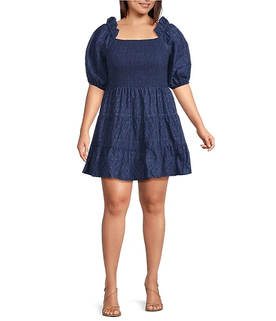 Layered With Love Plus Size Beau Embroidered Jacquard Square Neck Short Sleeve Smocked Tiered A-Line Mini Dress
