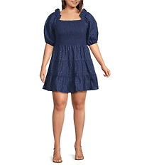 Layered With Love Plus Size Beau Embroidered Jacquard Square Neck Short Sleeve Smocked Tiered A-Line Mini Dress