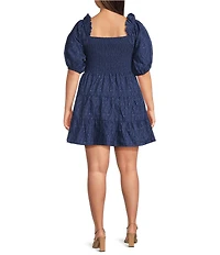Layered With Love Plus Size Beau Embroidered Jacquard Square Neck Short Sleeve Smocked Tiered A-Line Mini Dress
