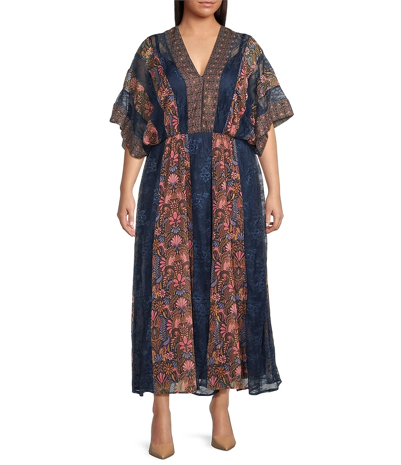 Layered With Love Plus Size Chiffon Kimono Sleeve Lace Trim Panels Maxi Dress