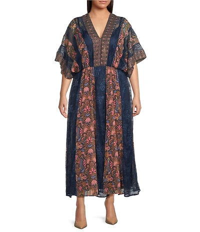 Layered With Love Plus Size Chiffon Kimono Sleeve Lace Trim Panels Maxi Dress