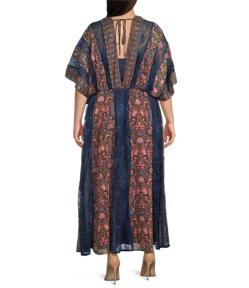 Layered With Love Plus Size Chiffon Kimono Sleeve Lace Trim Panels Maxi Dress