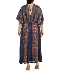 Layered With Love Plus Size Chiffon Kimono Sleeve Lace Trim Panels Maxi Dress