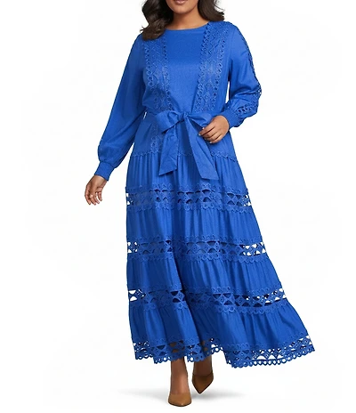 Layered With Love Plus Size Crew Neck Long Sleeve Bow Waist Detail Crochet Trim A-Line Dress