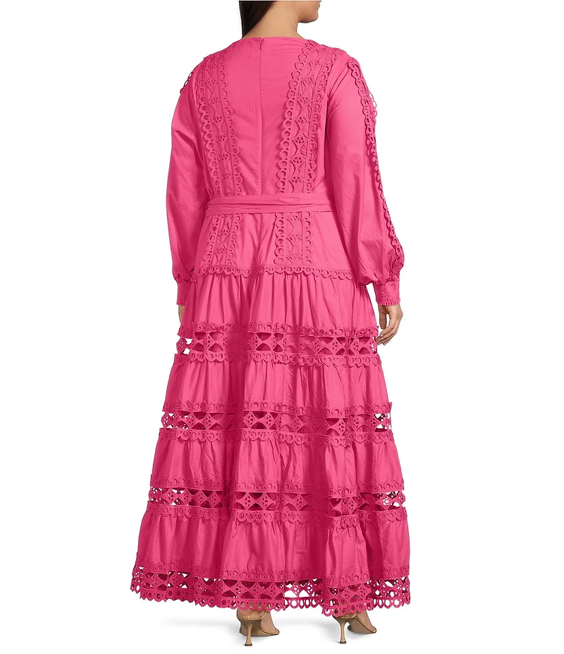 Layered With Love Plus Size Crew Neck Long Sleeve Bow Waist Detail Crochet Trim A-Line Dress