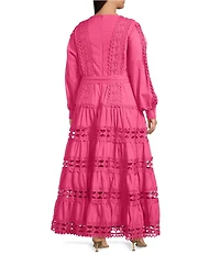 Layered With Love Plus Size Crew Neck Long Sleeve Bow Waist Detail Crochet Trim A-Line Dress