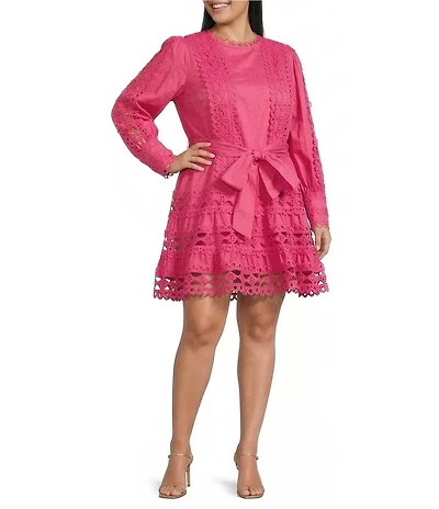 Layered With Love Plus Size Crew Neck Long Sleeve Bow Waist Detail Crochet Trim A-Line Short Dress