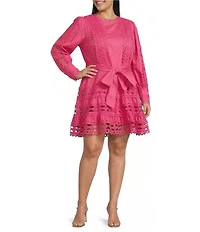Layered With Love Plus Size Crew Neck Long Sleeve Bow Waist Detail Crochet Trim A-Line Short Dress