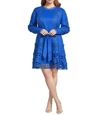 Layered With Love Plus Size Crew Neck Long Sleeve Bow Waist Detail Crochet Trim A-Line Short Dress