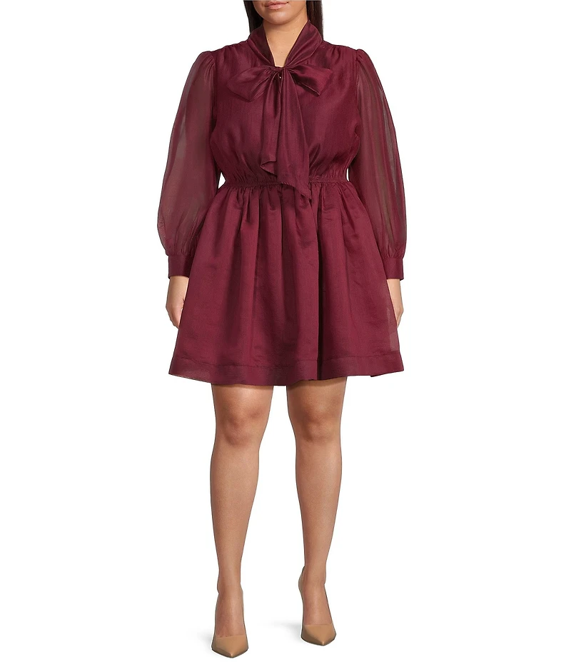 Layered With Love Plus Size Elise Organza Bow V-Neck Long Bubble Sleeve Neck Tie Ruffle Mini Dress